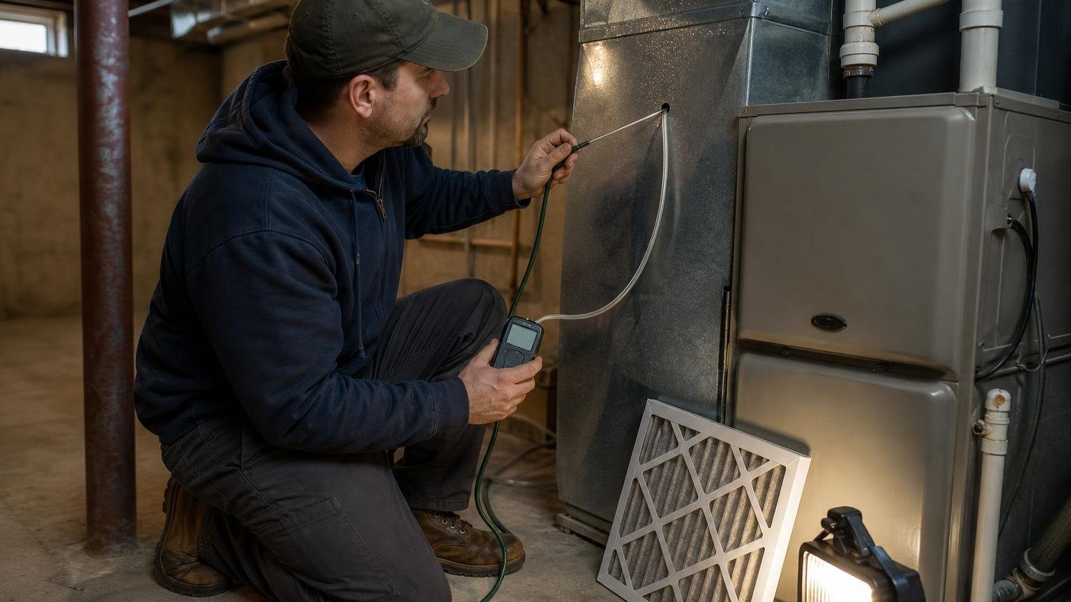 Technician measuring static pressure HVAC readings at a basement furnace supply plenum with a manometer probe