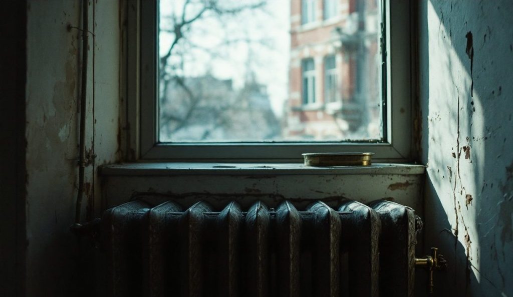 A cast iron radiator under a window in a prewar apartment.