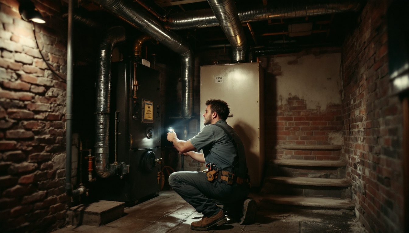 Technician checking the water level on the boiler of an old steam heating system in a basement