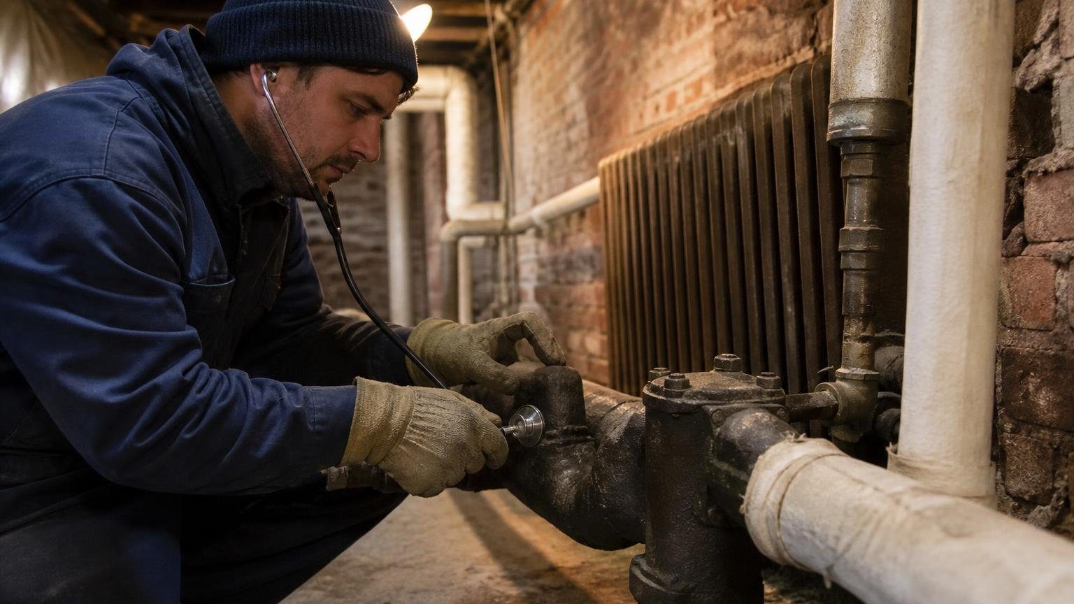Technician testing a steam trap on basement steam piping with a listening probe