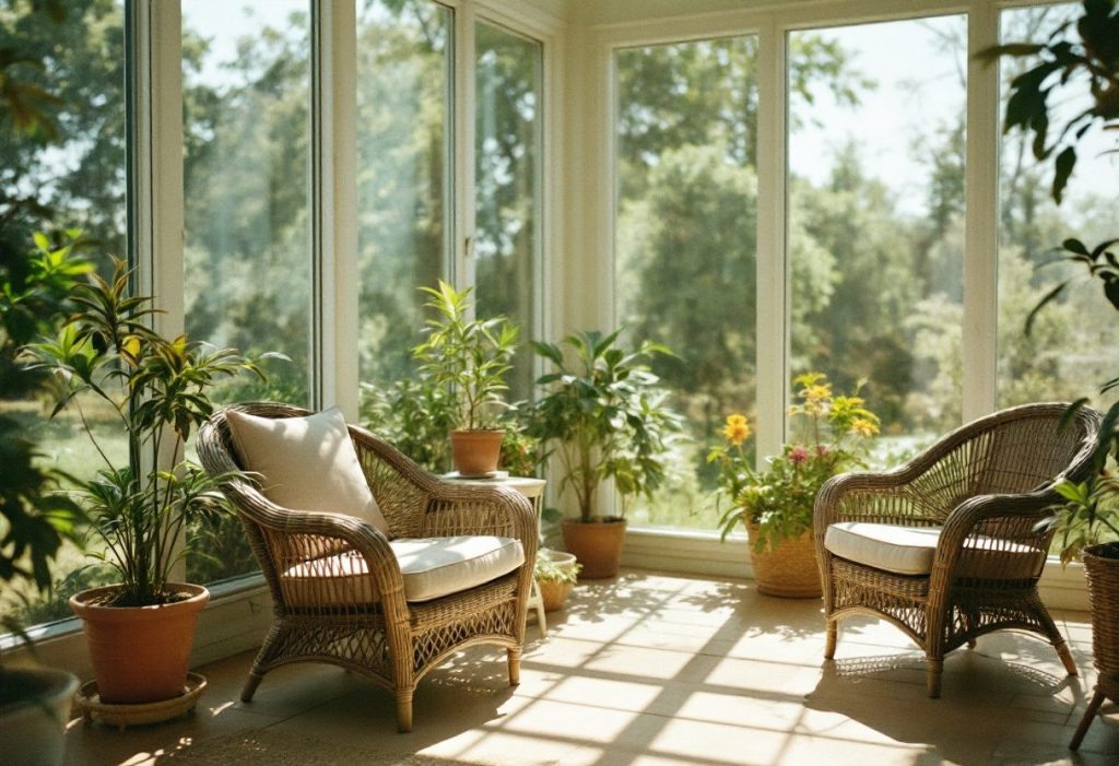 A sunroom in full summer sun, where glass drives the cooling load.