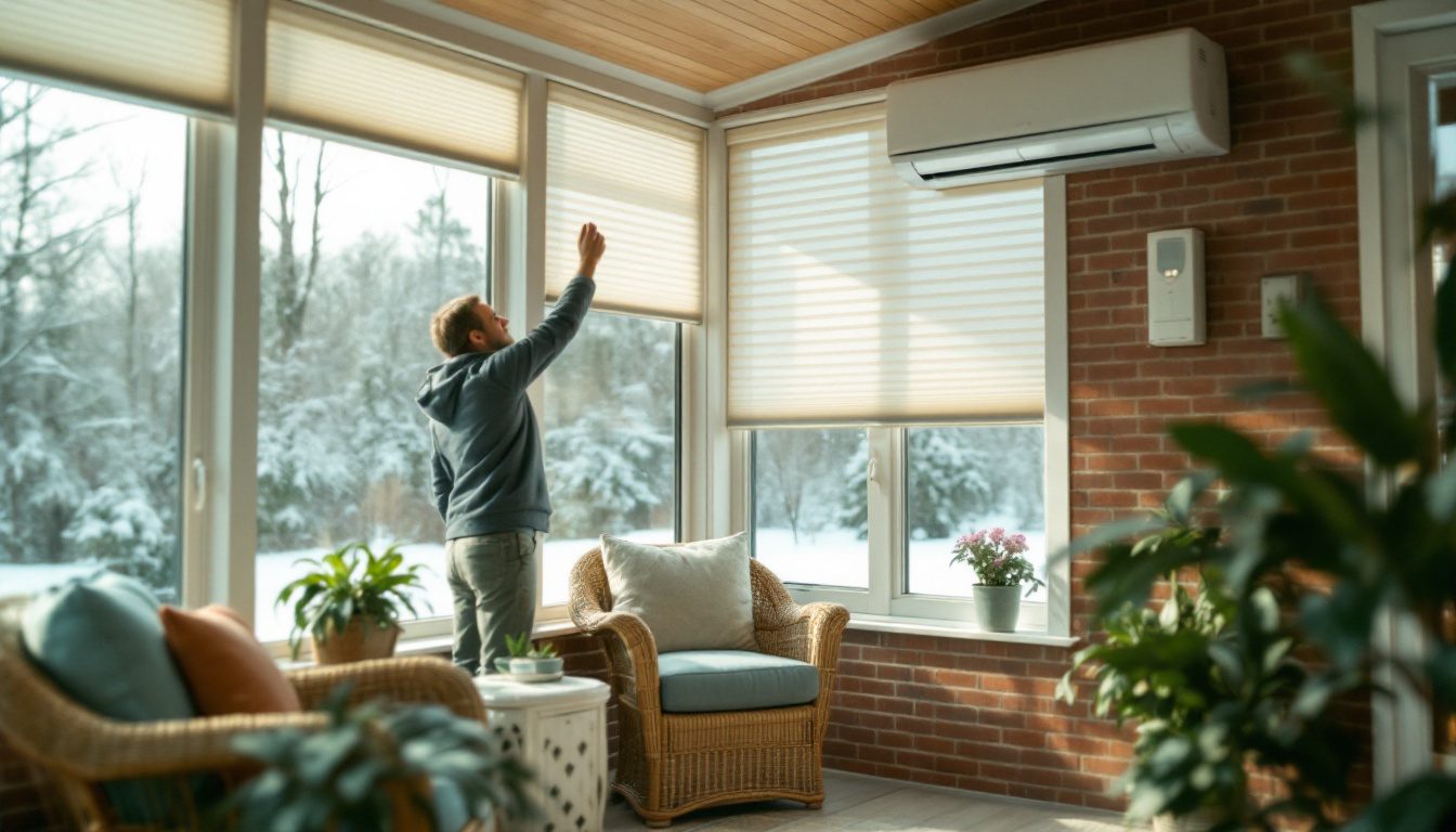 Sunroom heating and cooling with a ductless mini split mounted on the house wall of a glass-walled sunroom in winter