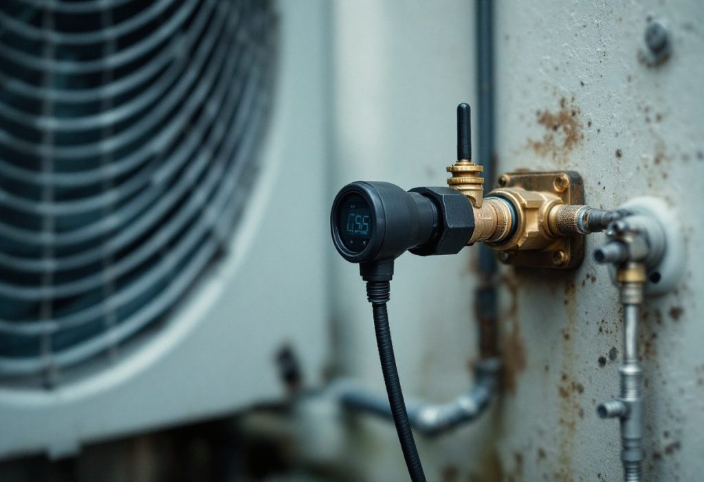 A clamp probe on the suction line, the temperature half of a superheat reading.