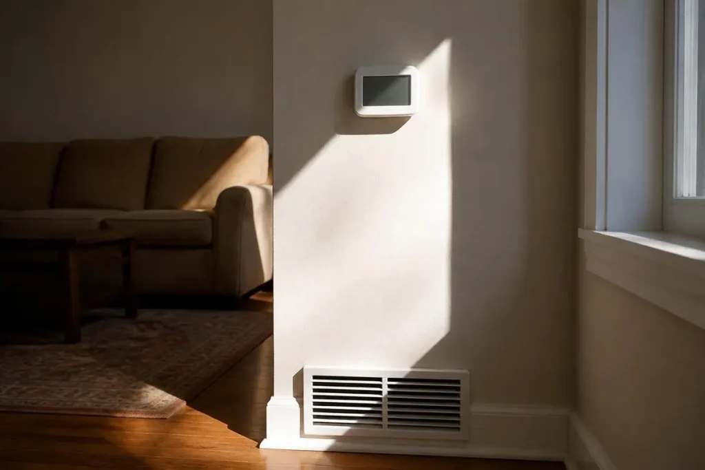Direct sun and a supply register blowing at it both give a thermostat a false reading.