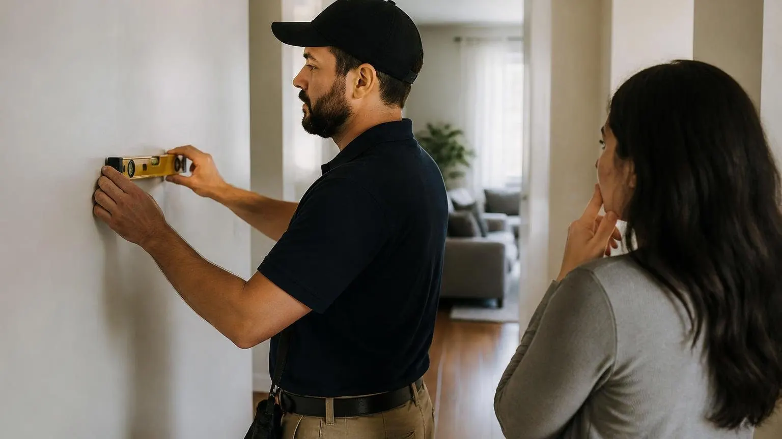 Technician checking where to put a thermostat on an interior hallway wall of a house