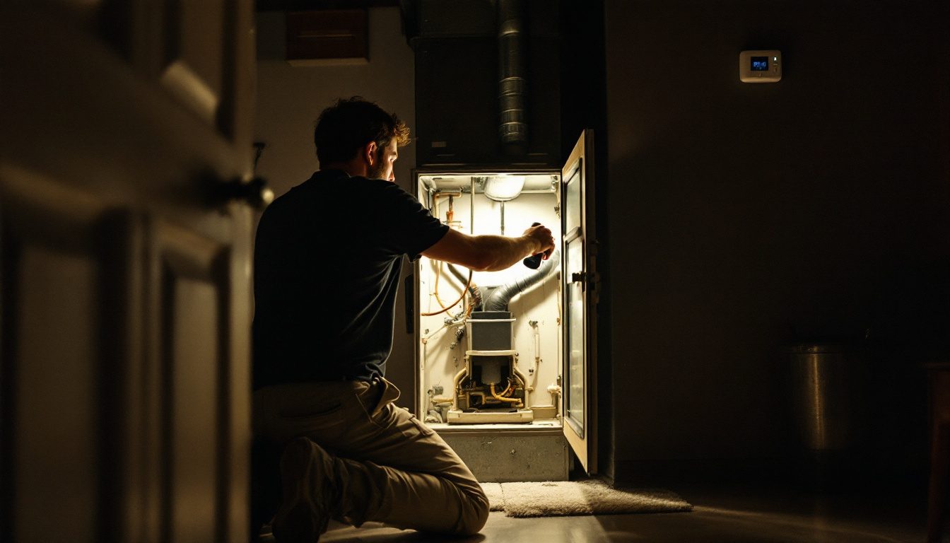 Homeowner checking a furnace blower compartment while troubleshooting a thermostat not working