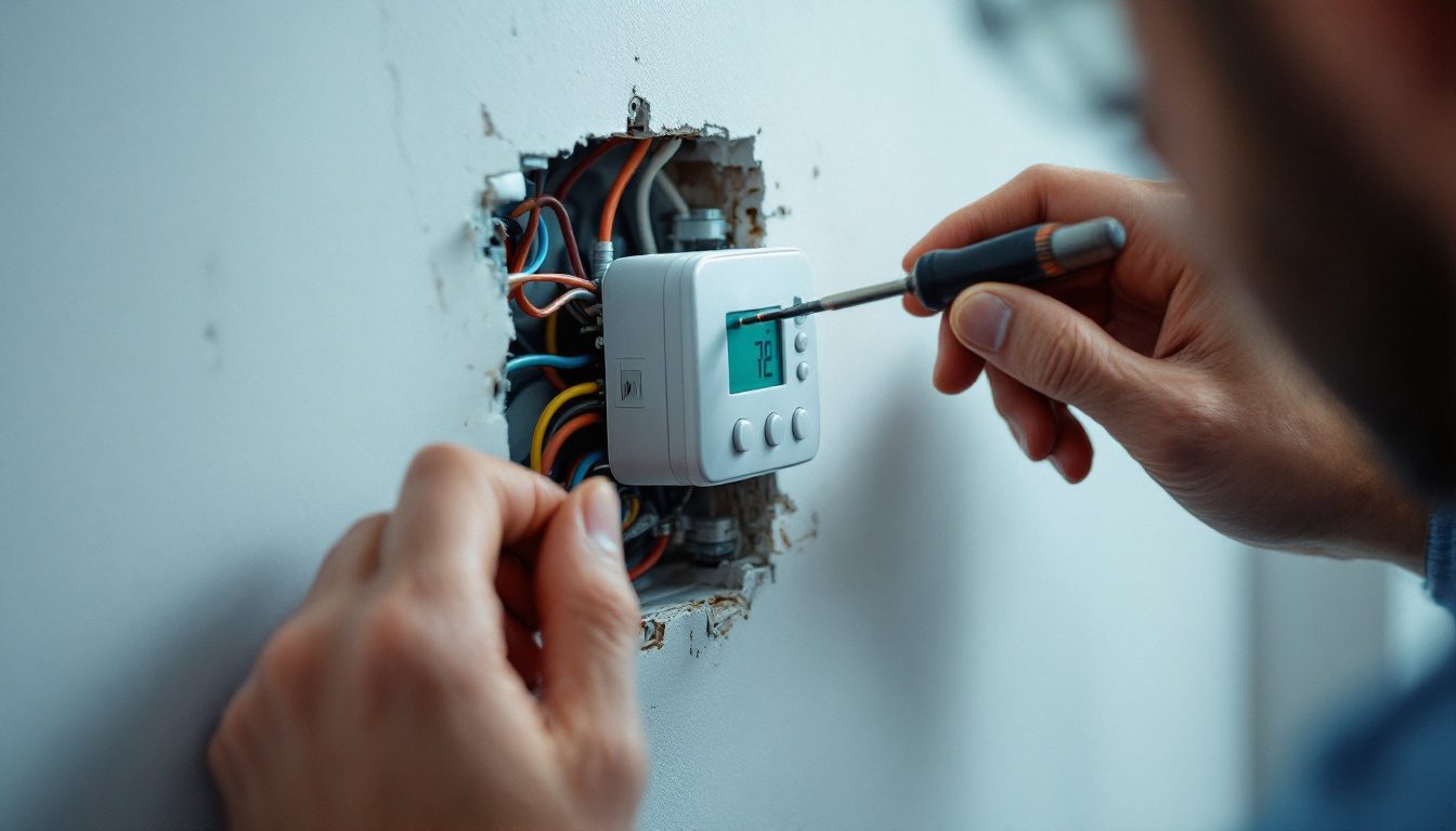 Technician connecting colored conductors to a wall base plate, illustrating the thermostat wiring color code