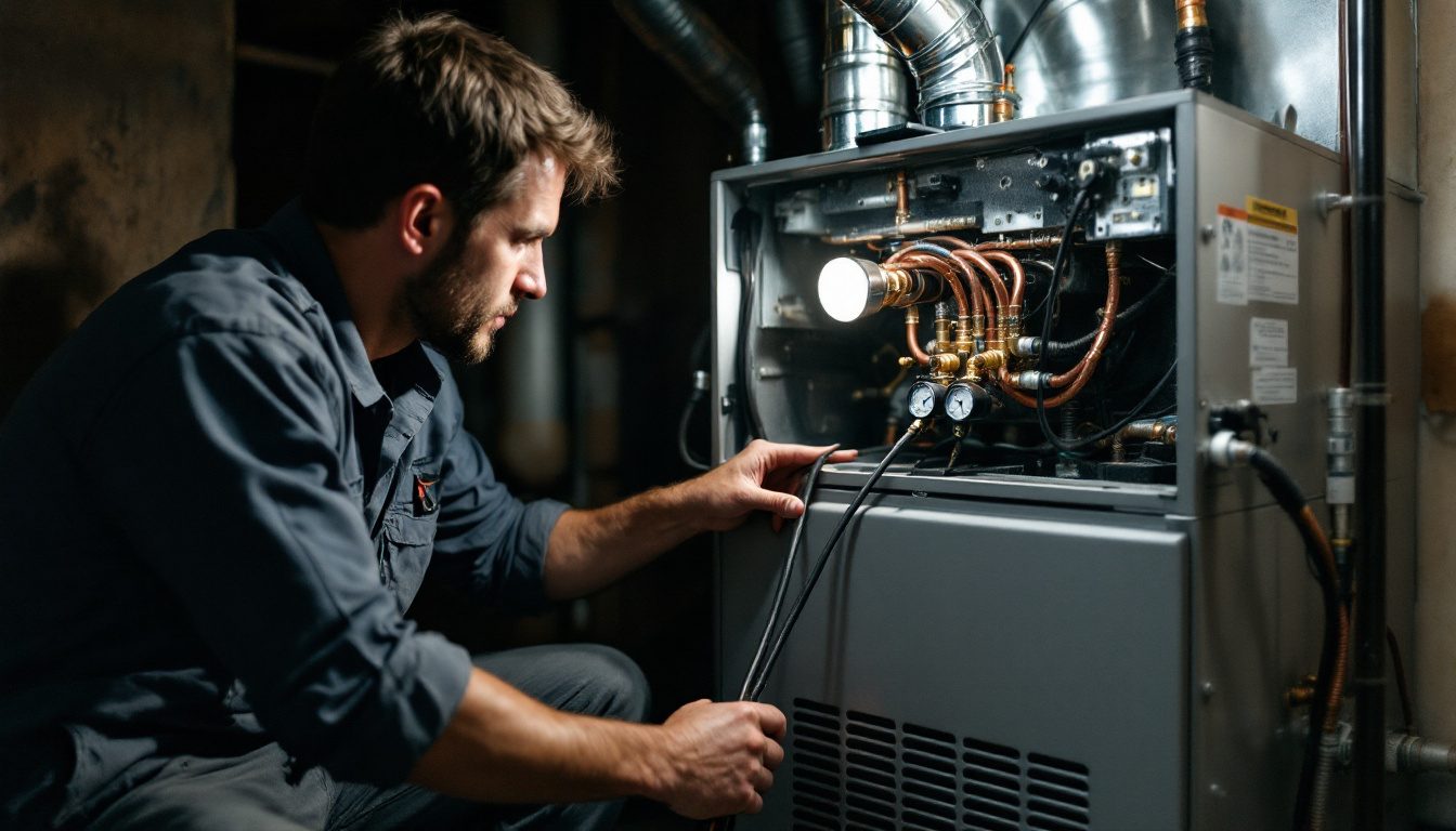Technician checking refrigerant pressures at an indoor evaporator coil where the TXV valve meters refrigerant