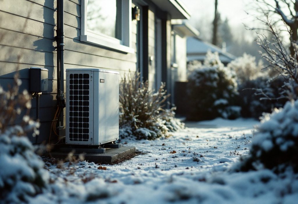 A heat pump outdoor unit on a frosty morning.