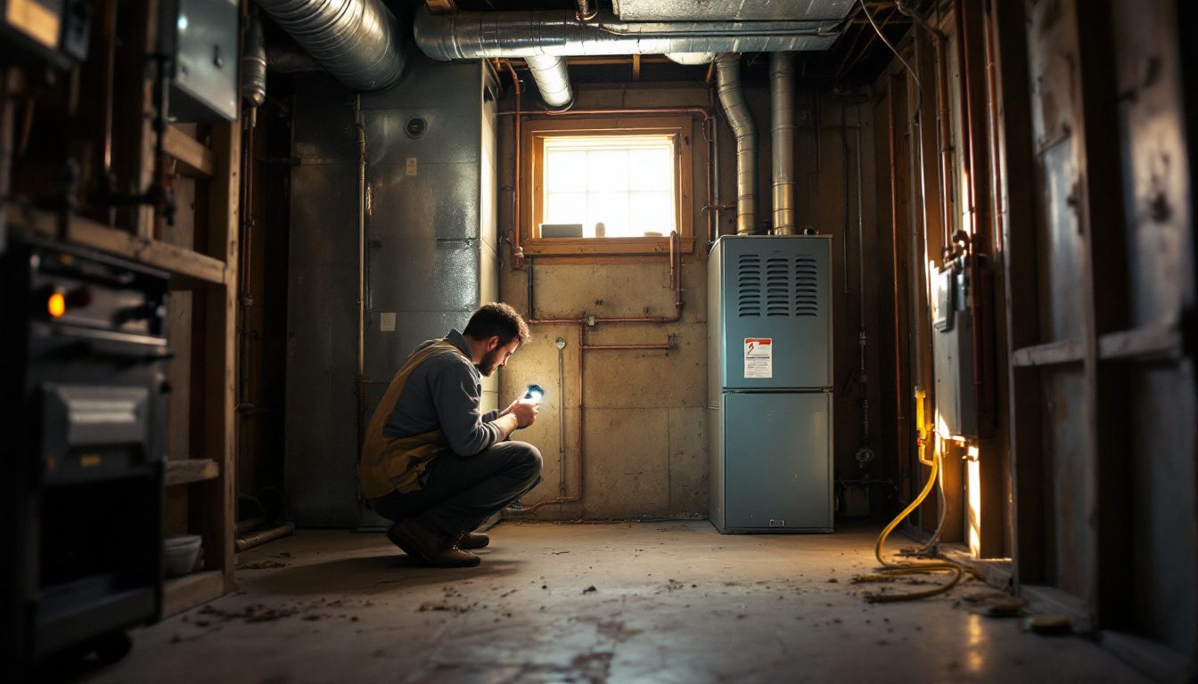 A technician inspecting a furnace beside a boiler in a basement, two of the most common types of home heating systems