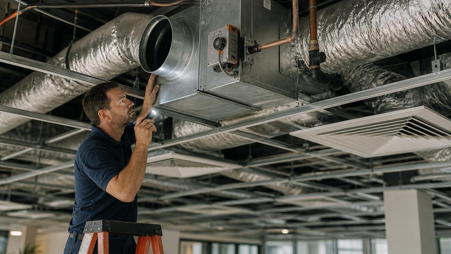 Technician inspecting a VAV box with reheat coil above an office ceiling grid in a commercial building