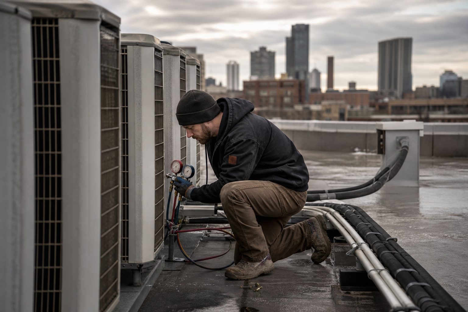 Technician servicing the outdoor condensing units of a commercial VRF system on a flat rooftop