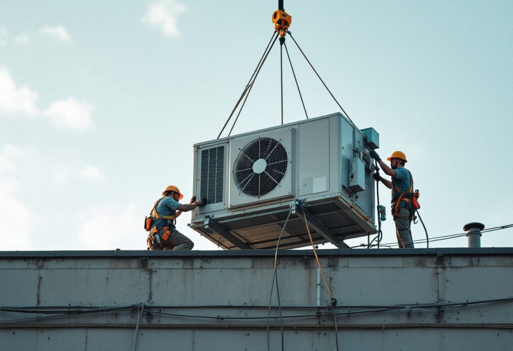 An HVAC crew setting a rooftop unit on a commercial building.