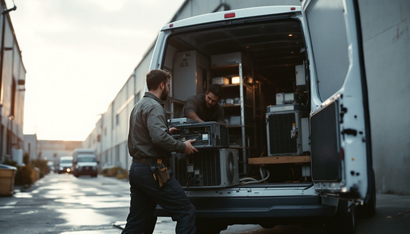 Two HVAC service technicians in work clothes unloading equipment from the back of a plain white service van in an industrial yard at early morning.