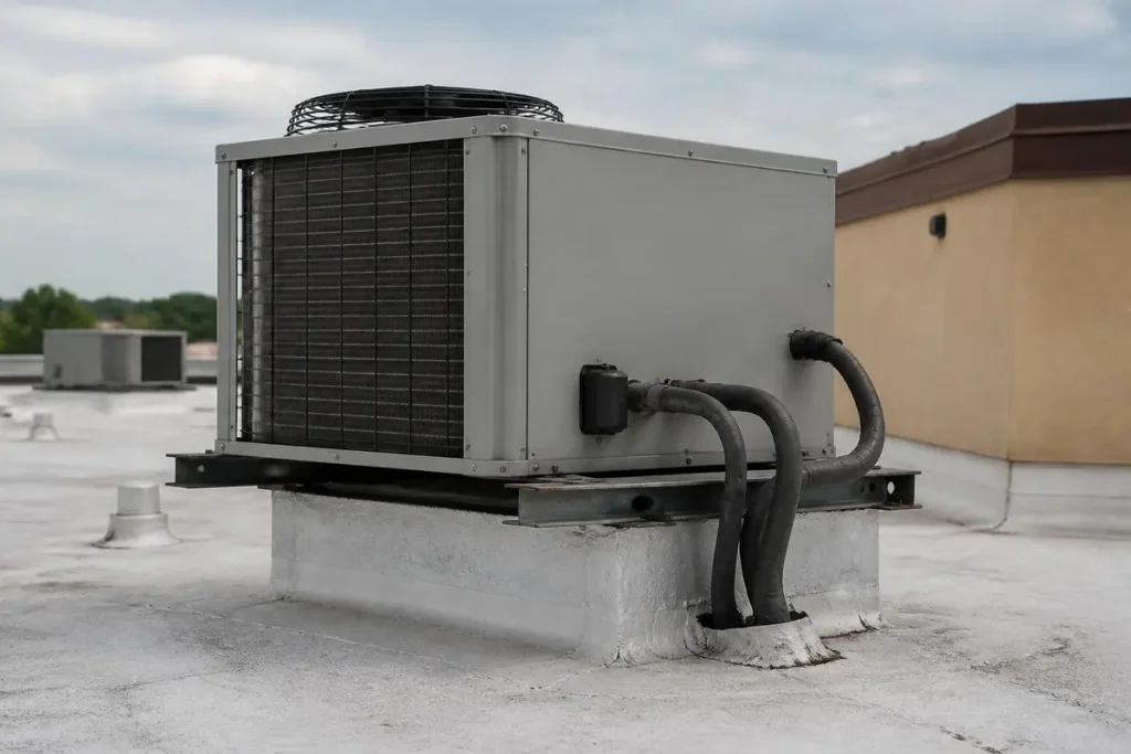 The refrigeration system splits into an indoor evaporator and a condensing unit, often on the roof.