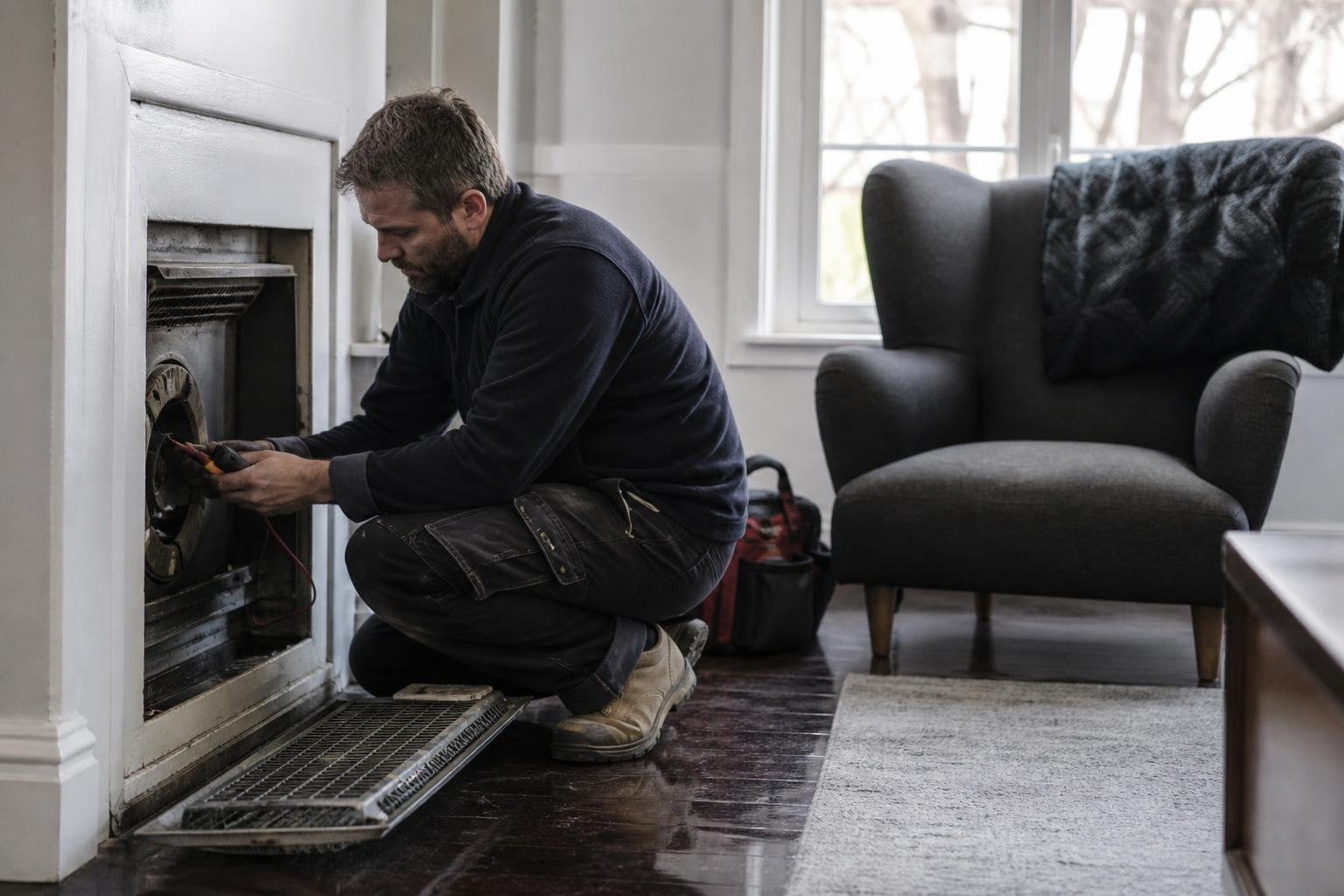 A technician inspecting an electric wall heater with its grille removed in an older apartment living room