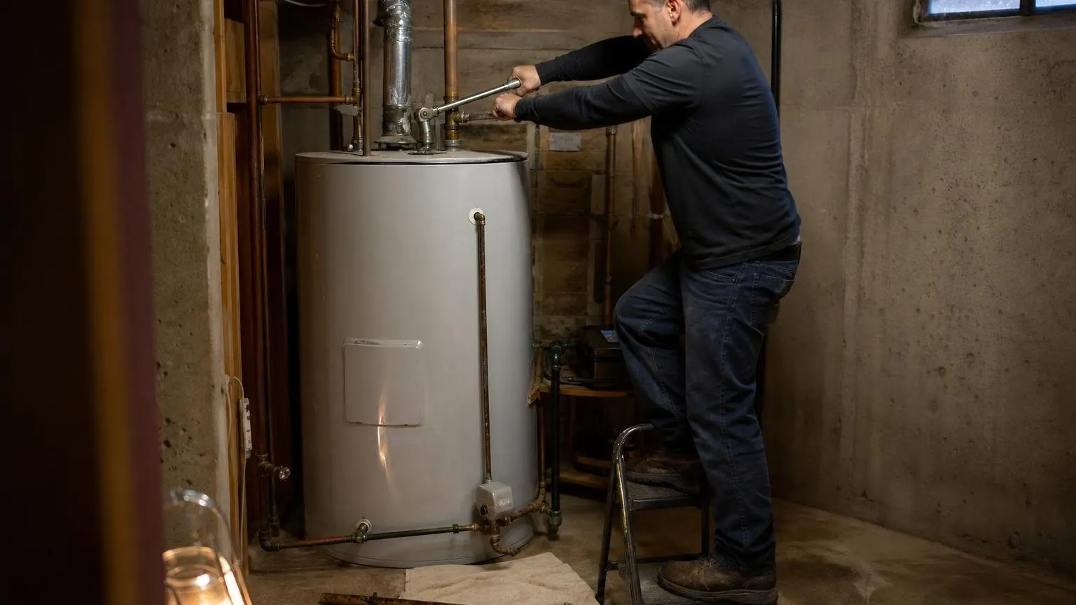 Plumber removing a water heater anode rod from the top of a gas tank in a basement