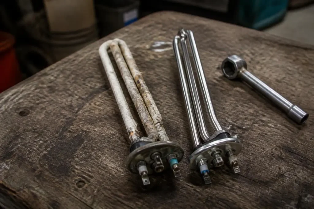 A scaled-up element beside its replacement; scale insulates the element and shortens its life.