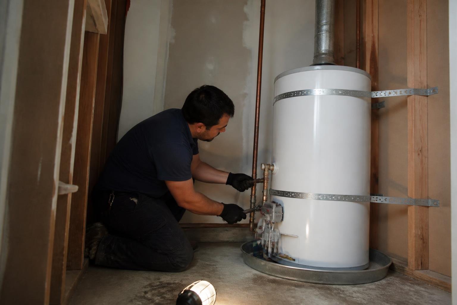 Plumber tightening the gas union during a water heater installation, with seismic straps, drain pan and vent connector visible