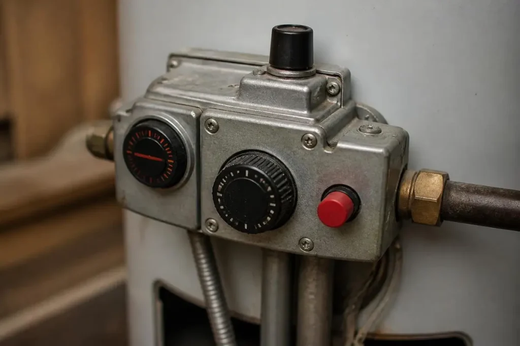 The gas control valve: temperature dial, gas knob and the piezo igniter button on standing-pilot models.