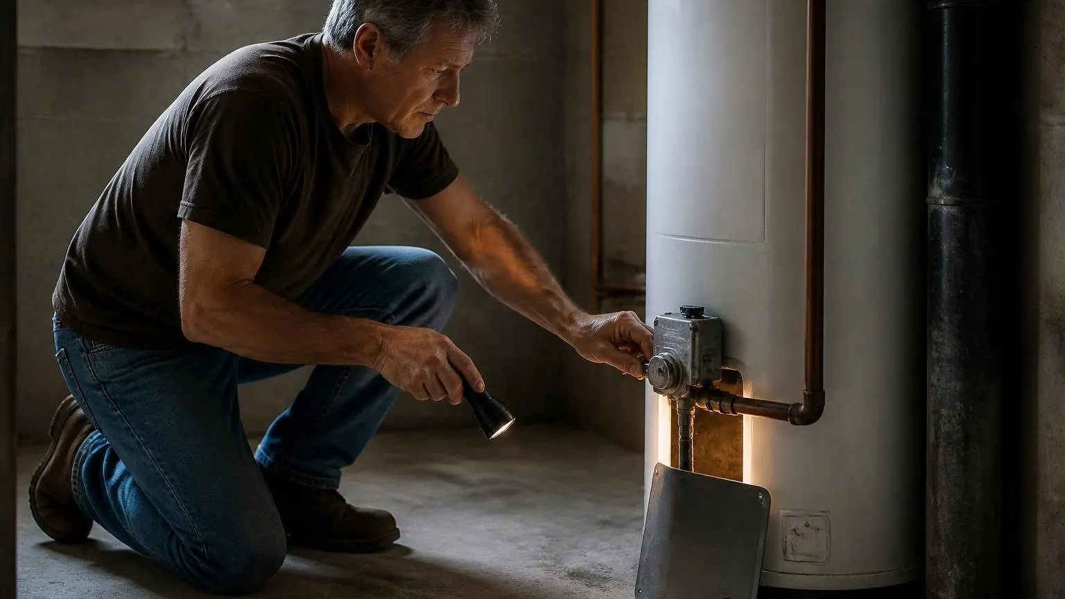 Homeowner kneeling beside a gas tank water heater to check the water heater pilot light at the gas control valve