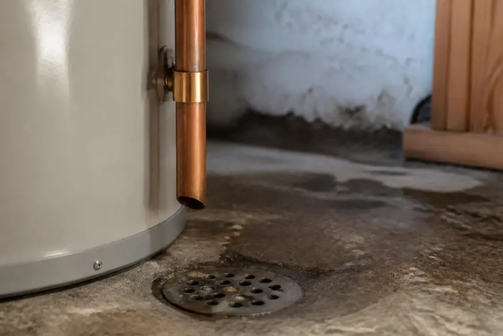 The discharge pipe runs full size, downhill, and ends open near the floor or a drain.