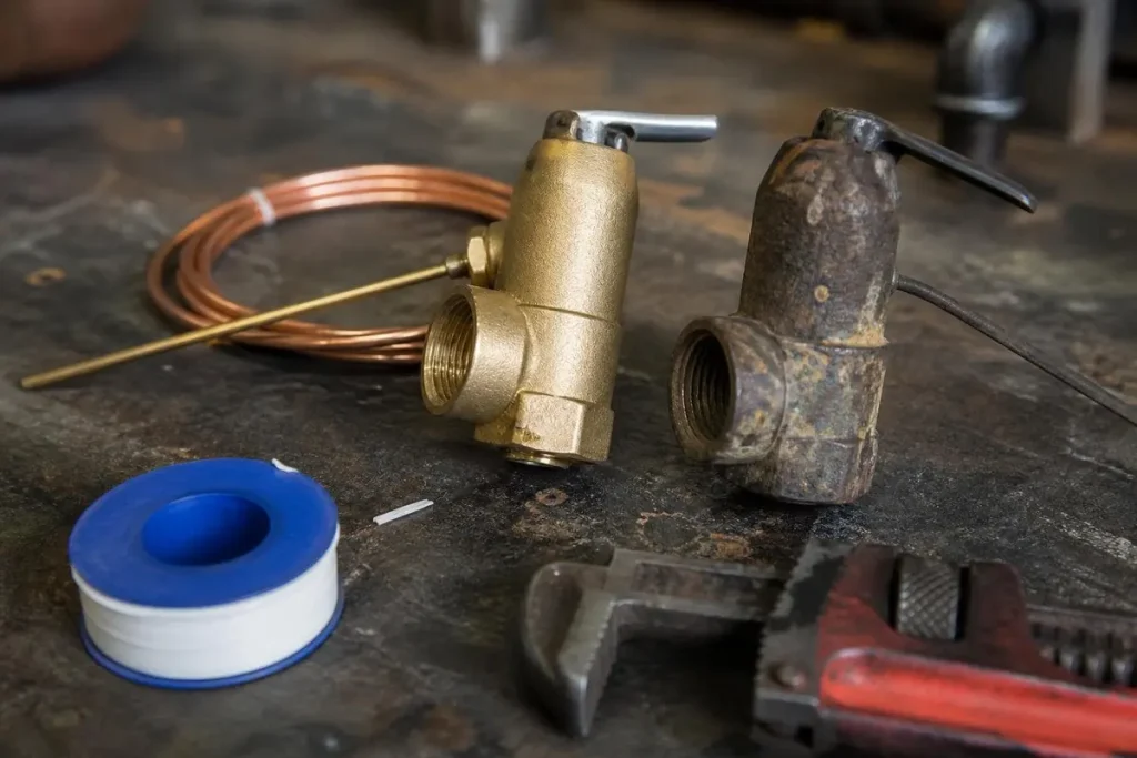A replacement T&P valve must match the heater's rating and have a probe long enough to reach the hot water at the top of the tank.