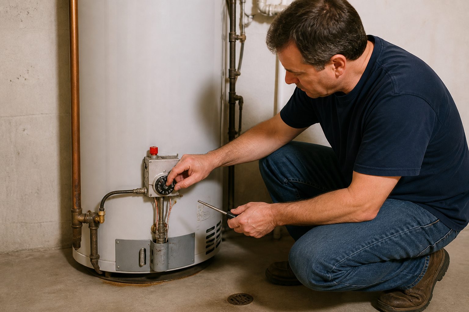 Homeowner checking the water heater temperature setting with a thermometer at the thermostat dial on a basement gas storage tank