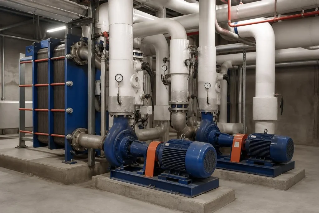 The building water loop is held in a narrow temperature band by a boiler in winter and a cooling tower in summer.