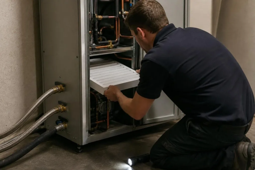 Filters and condensate drains are the routine work; the loop water chemistry is the long-term risk.