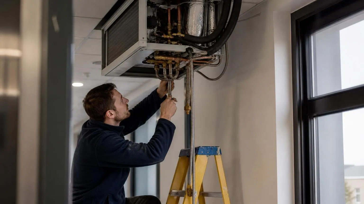 Technician servicing a ceiling-mounted water source heat pump connected to a building water loop