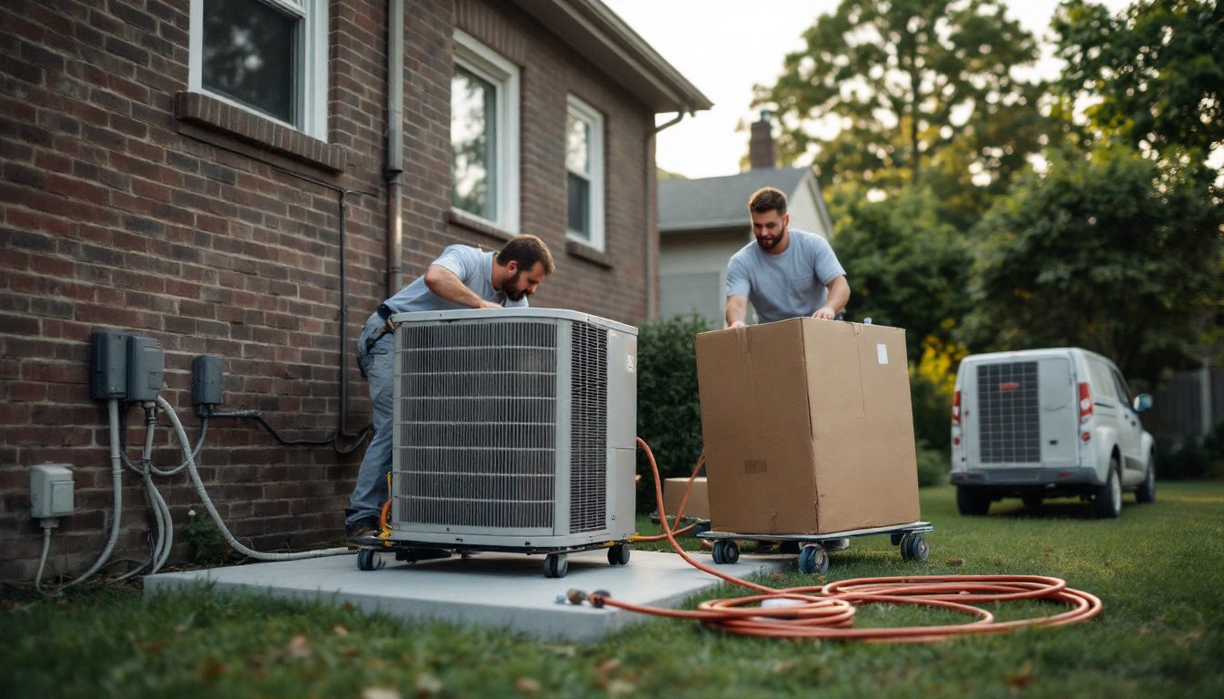 Technicians setting a new outdoor unit, the kind of equipment behind the question of who makes which HVAC brands