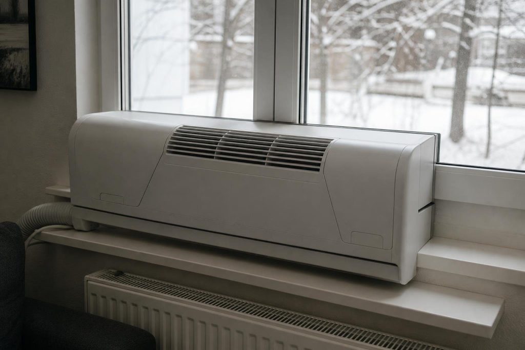 A window heat pump at the sill, with the sash closed down onto the unit.