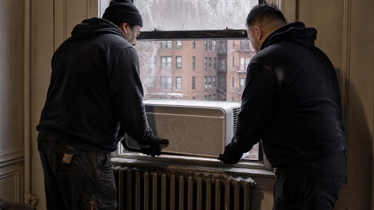 Crew installing a saddle-style window heat pump in a brick apartment window in winter