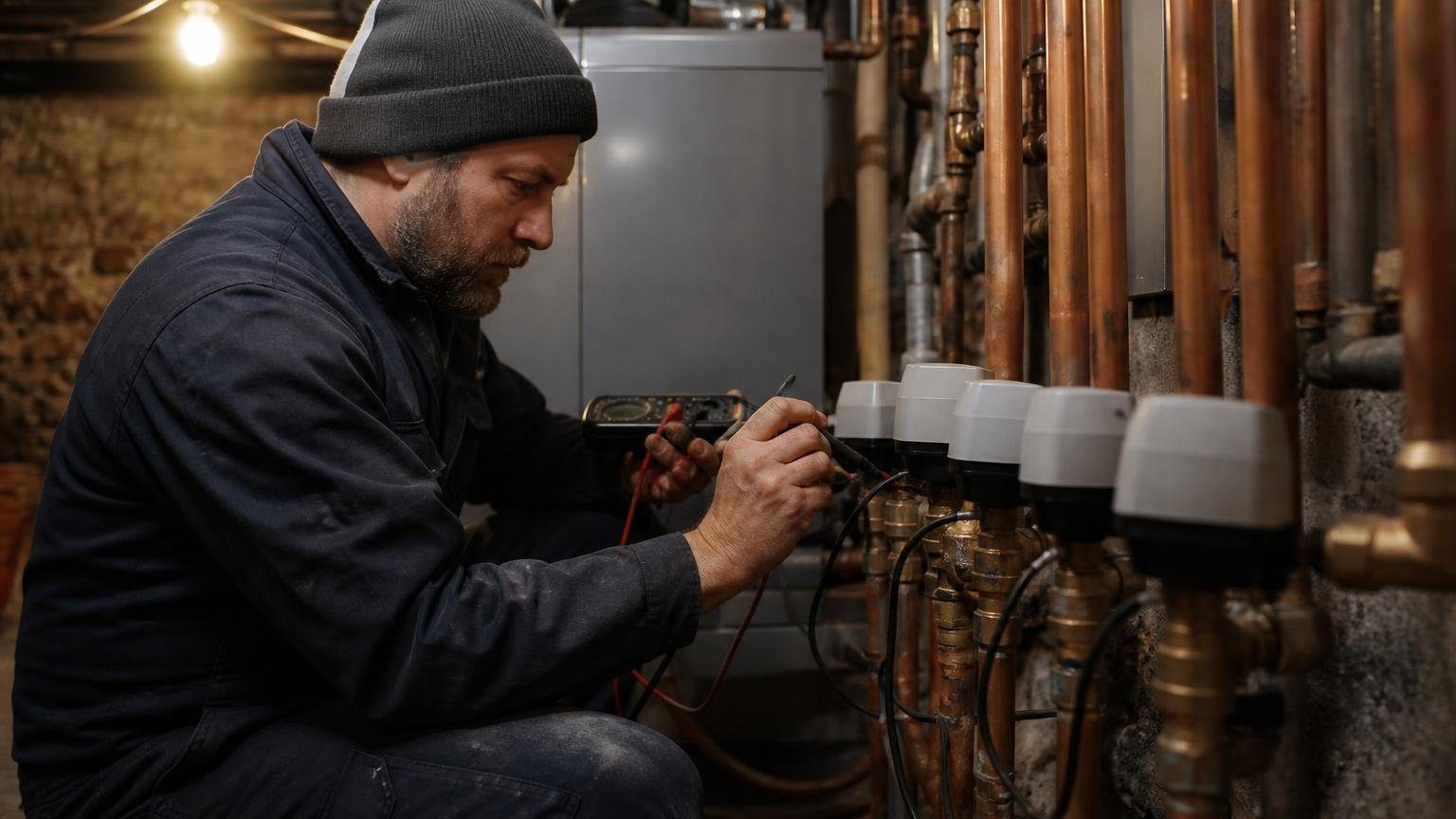 Technician testing a zone valve head on boiler piping with a multimeter
